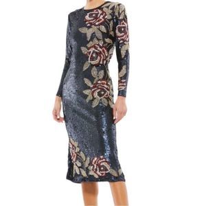MAC DUGGAL Sequined Floral Long Sleeve Midi Dress In Midnight Size 10